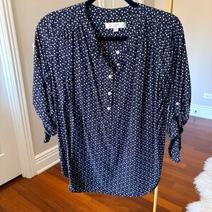 LOFT Popover Blouse Womens Size S Long Sleeve Navy Blue White Diamond Dot Print